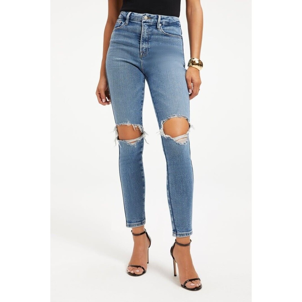 Good American Good Curve Skinny Crop Denim Jeans Blue High Waist Distressed New